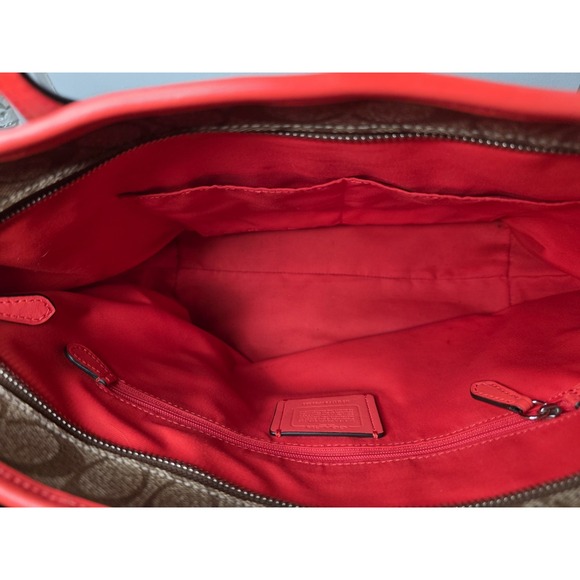 COACH Brown Signature Canvas Orange Leather Satchel Tote Shoulder Bag F58292 - Picture 8 of 15